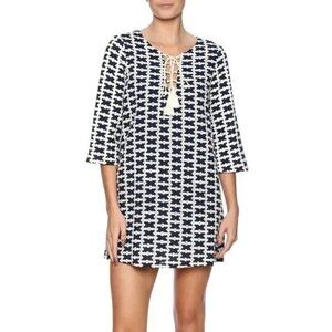 Glam Embroidered Tunic Shift Dress Size Large Tassel Tie Navy White Boho Coastal